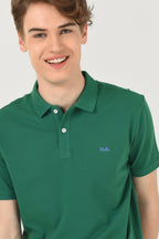 UCLA Tricou cu guler si nasturi, regular fit, logo brodat discret, Verde, LAKE