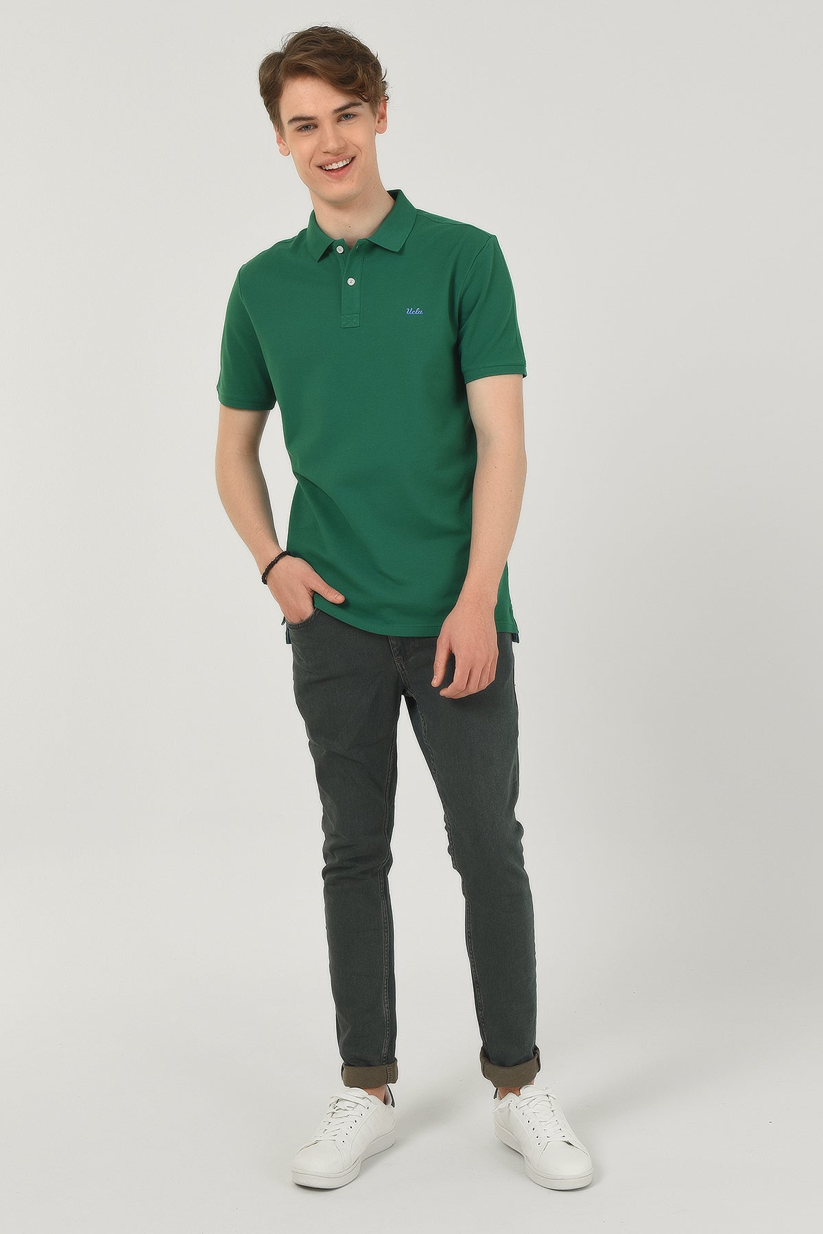 UCLA Tricou cu guler si nasturi, regular fit, logo brodat discret, Verde, LAKE
