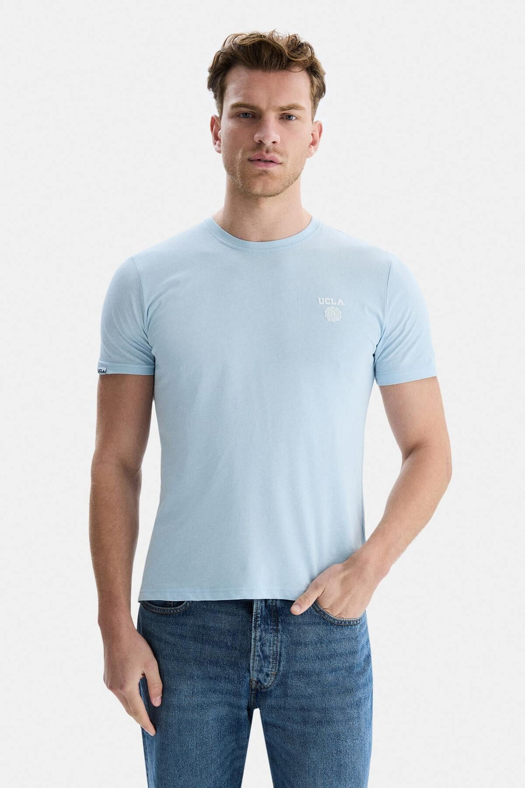 UCLA Tricou cu decolteu la baza gatului, imprimeu cu logo, regular fit, SKYWAY, BASS