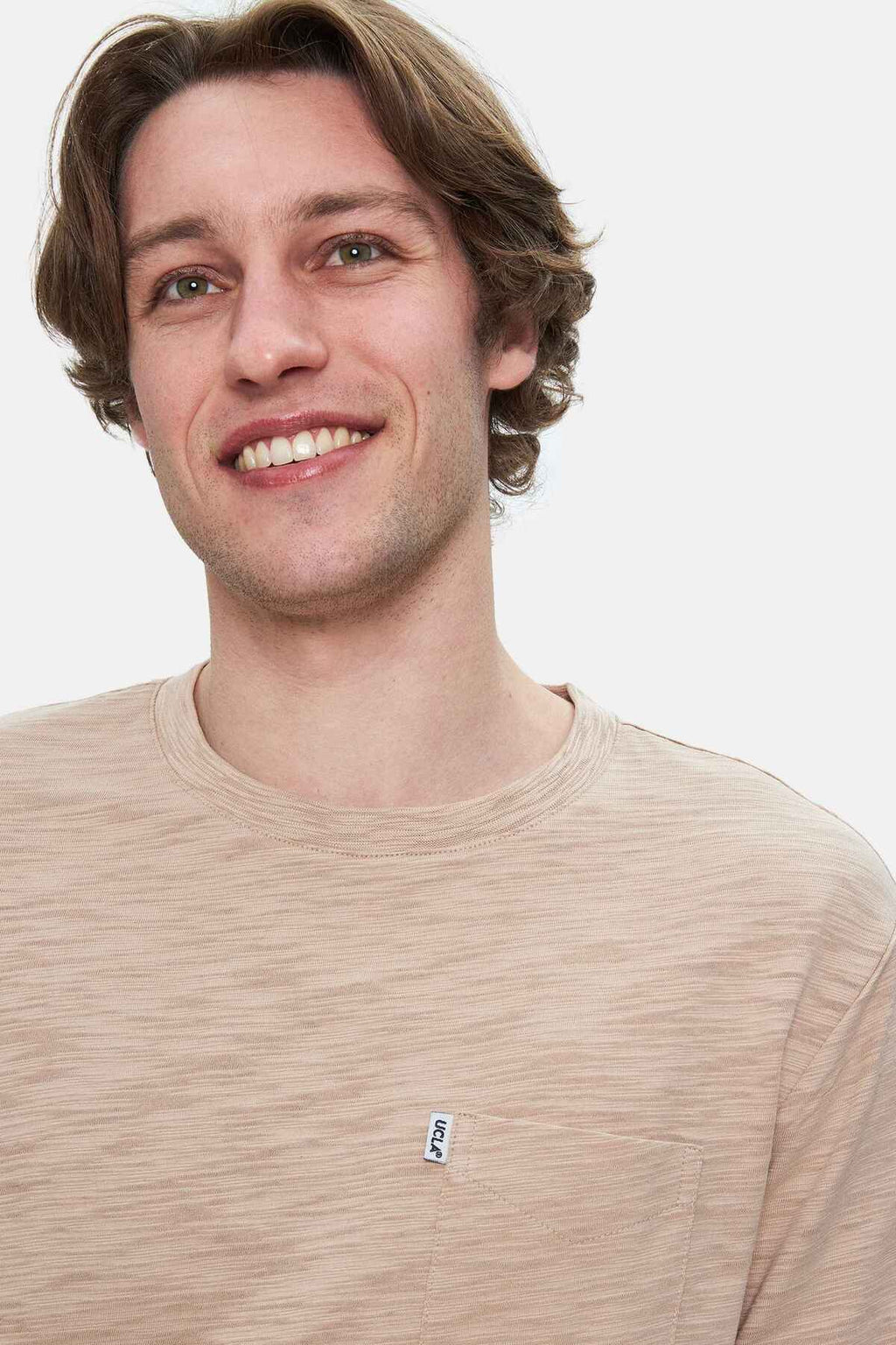 UCLA Tricou cu decolteu la baza gatului, imprimeu cu logo, regular fit, Bej, CALEB