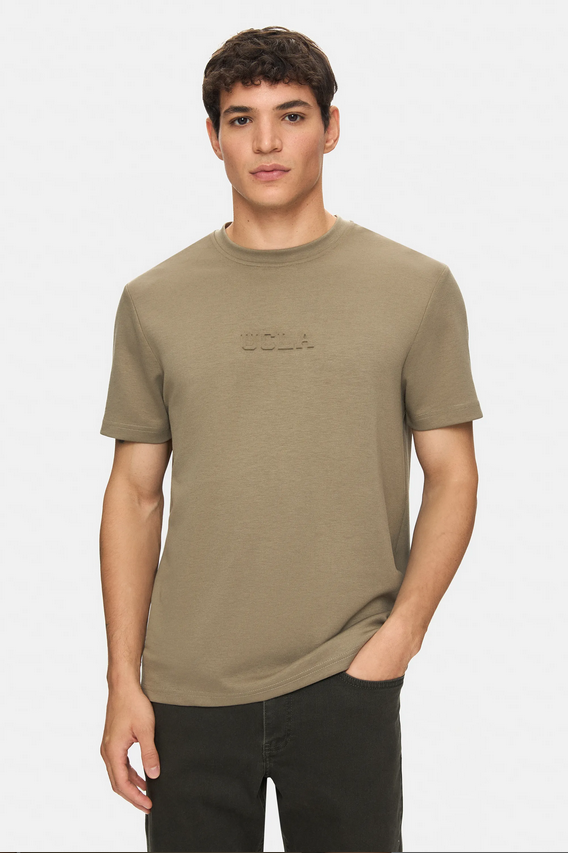 UCLA Tricou cu decolteu la baza gatului, imprimeu cu logo, regular fit, Kaki, CANARY