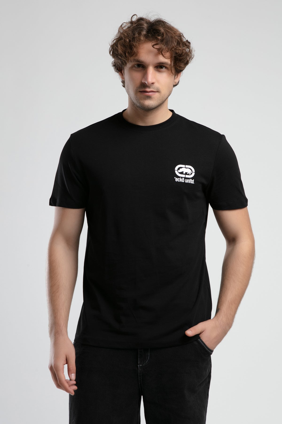 Ecko Unltd. Tricou cu decolteu la baza gatului, imprimeu cu logo, Negru-Alb, CORINTH