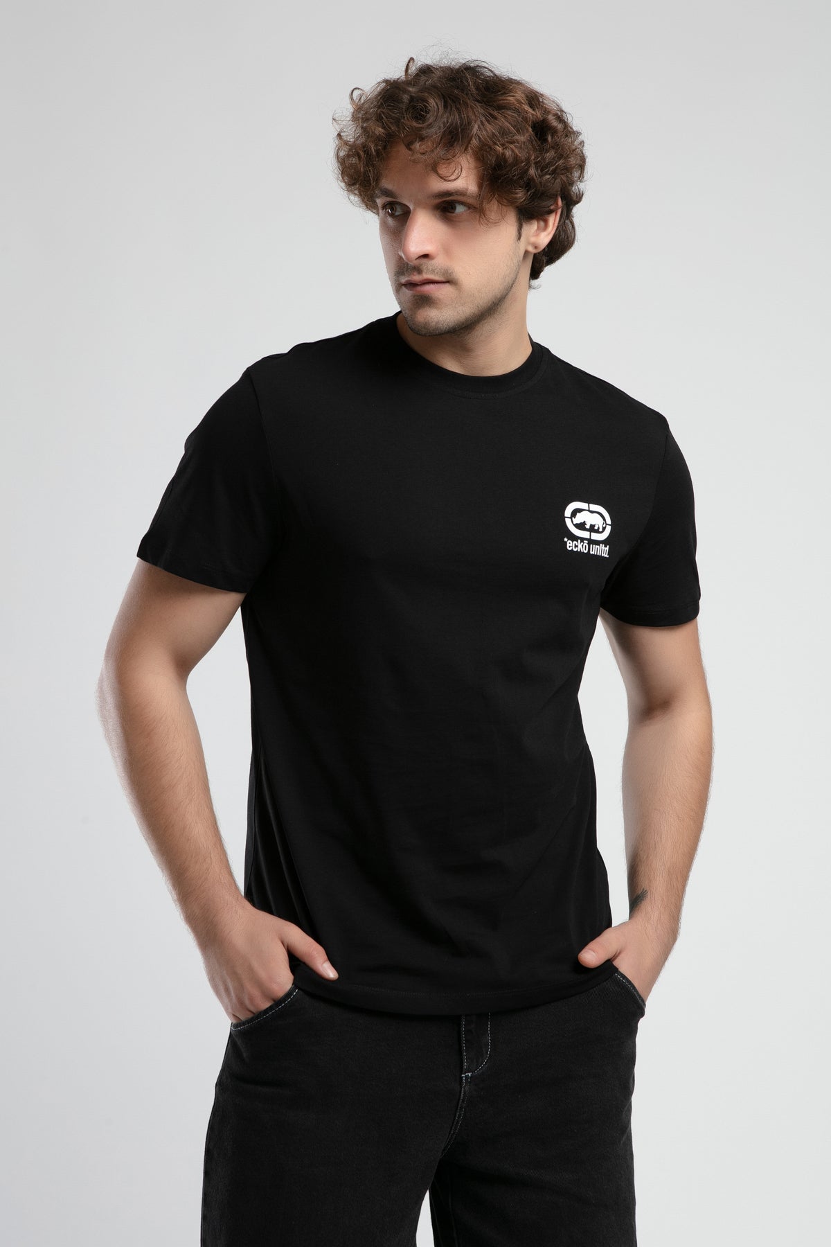 Ecko Unltd. Tricou cu decolteu la baza gatului, imprimeu cu logo, Negru-Alb, CORINTH
