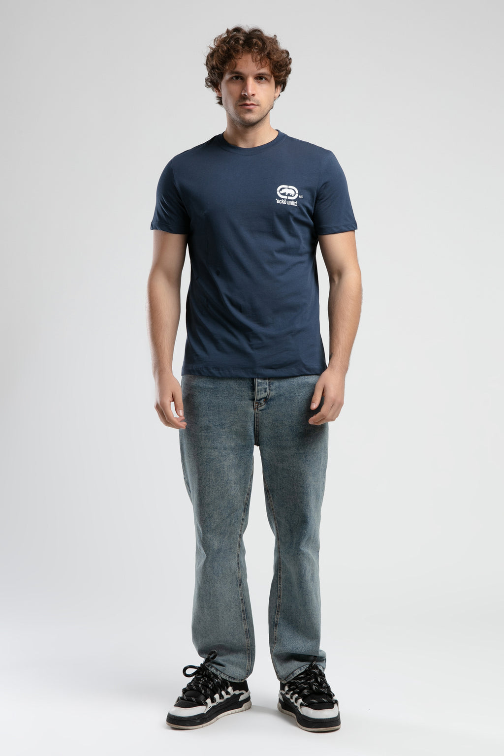 Ecko Unltd. Tricou cu decolteu la baza gatului, imprimeu cu logo, Bleumarin, CORINTH