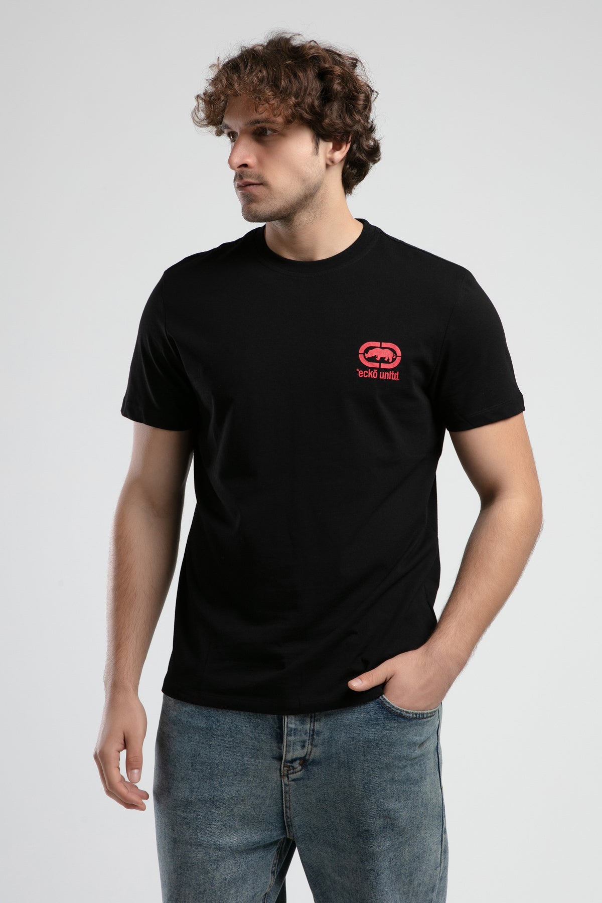 Ecko Unltd. Tricou cu decolteu la baza gatului, imprimeu cu logo, Negru-Rosu, CORINTH