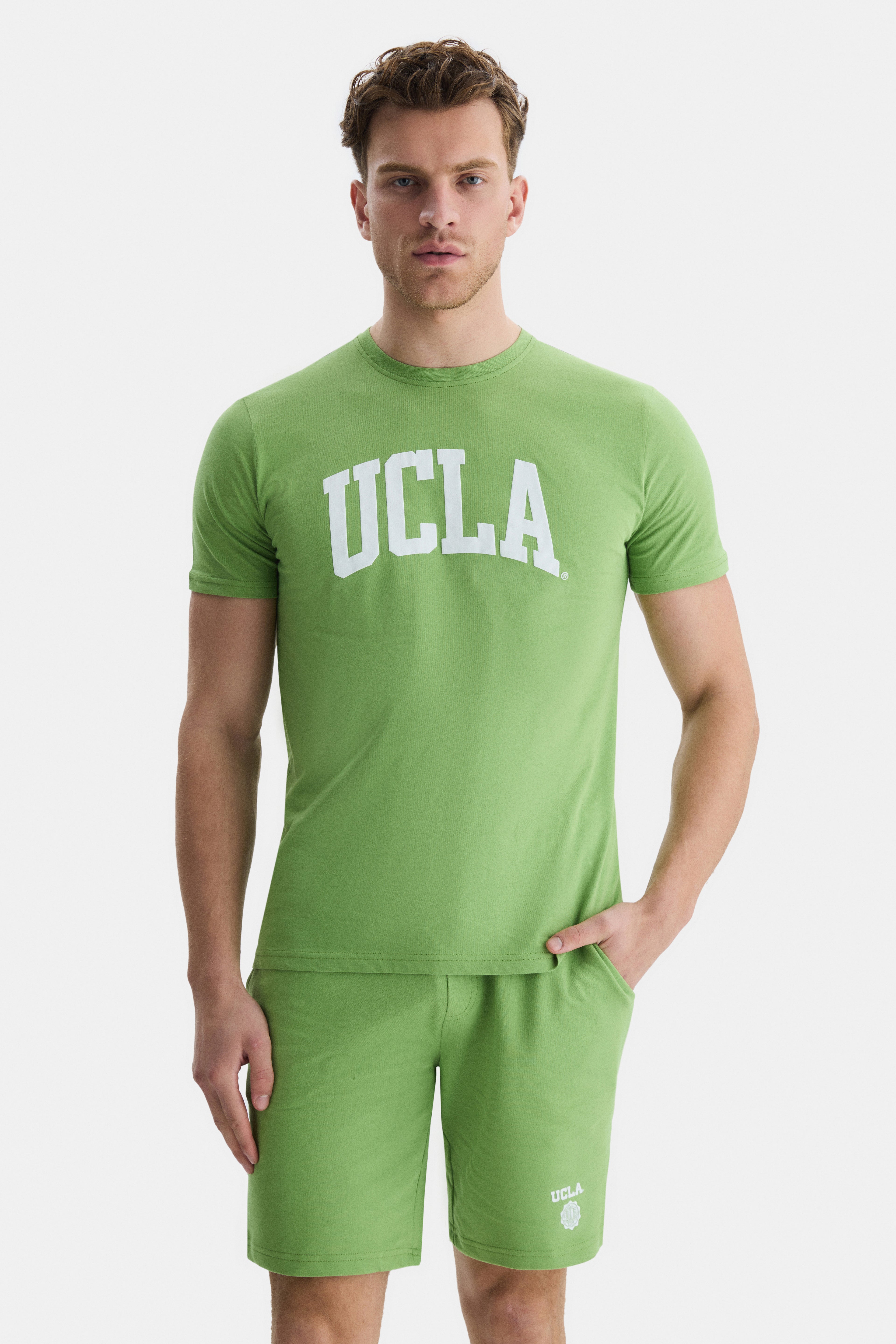 UCLA Tricou cu decolteu la baza gatului, imprimeu cu logo, regular fit, NEPHRITE, CULVER