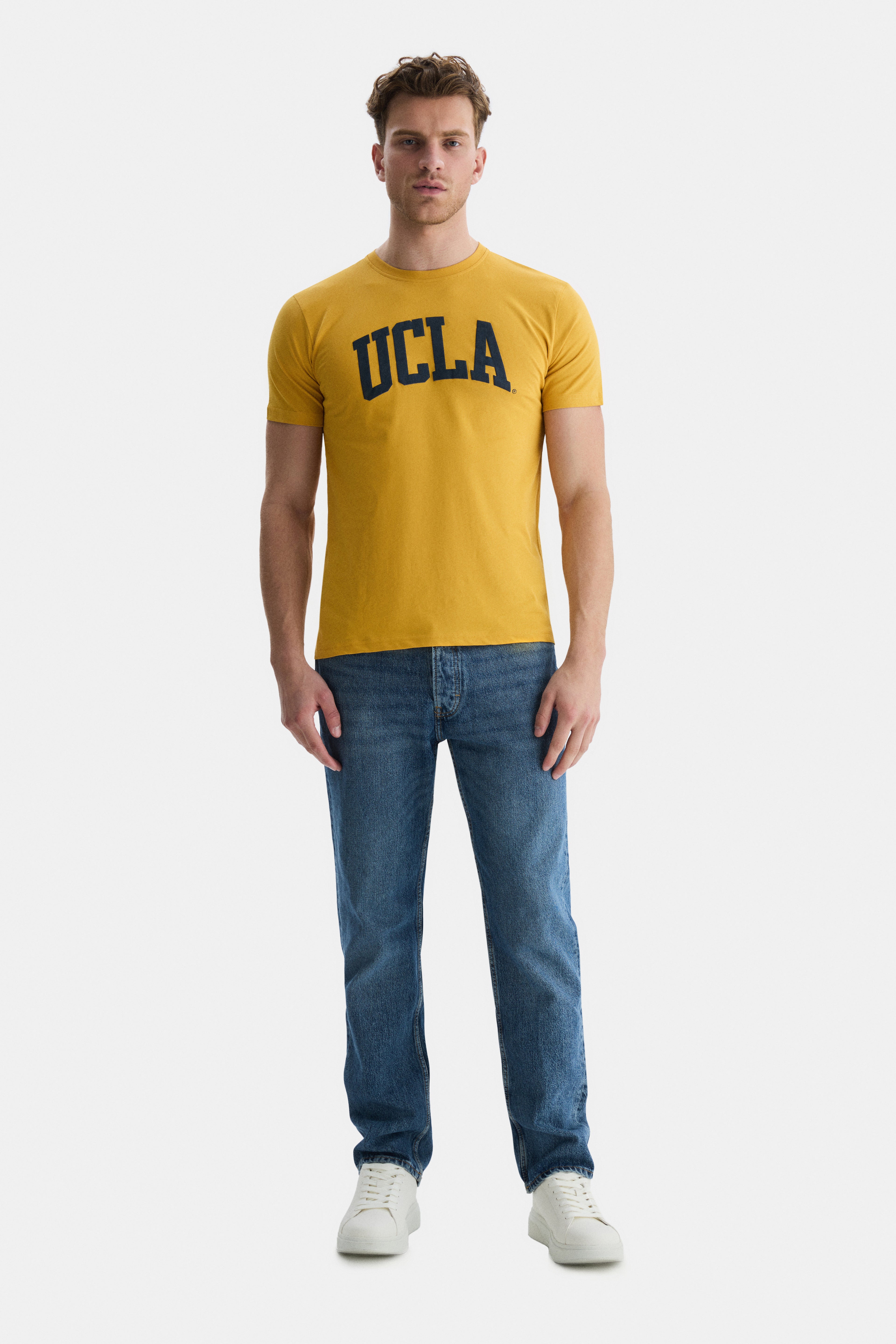 UCLA Tricou cu decolteu la baza gatului, imprimeu cu logo, regular fit, Bej, CULVER