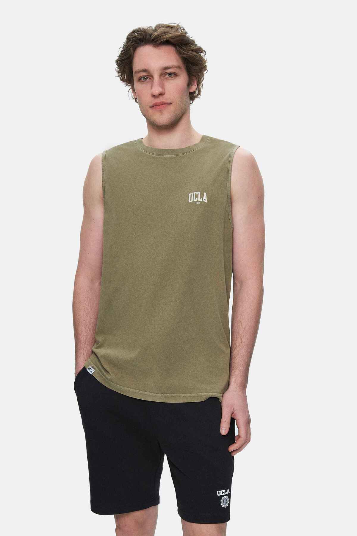 UCLA Tricou cu decolteu la baza gatului, imprimeu cu logo, regular fit, Verde, ELTON