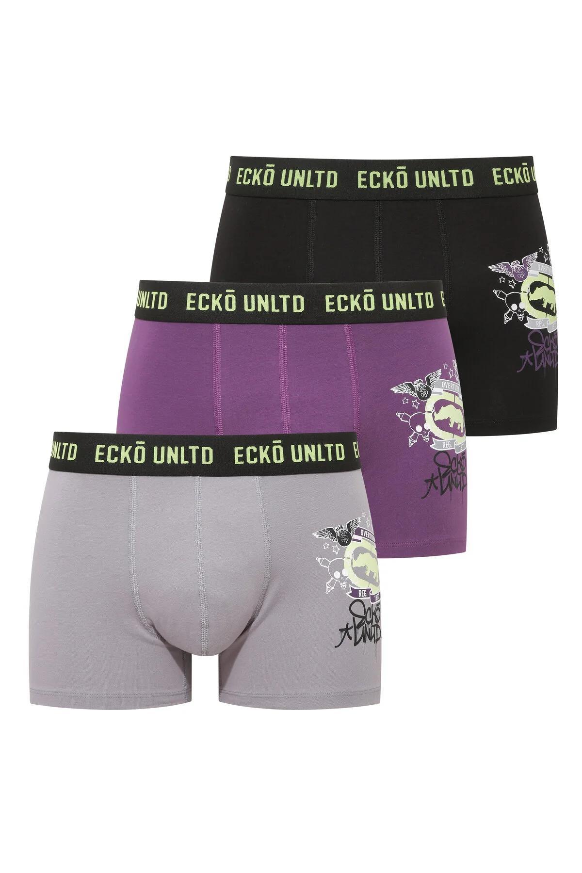 Ecko Unltd. Set trei perechi de boxeri, banda elastica in talie si imprimeu cu logo, din amestec de bumbac