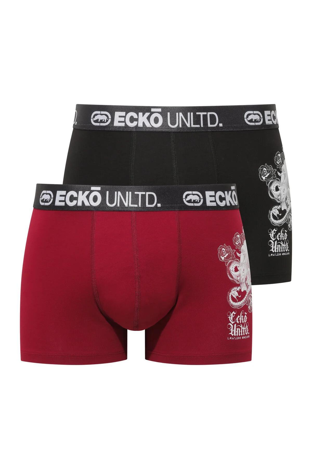 Ecko Unltd. Set 2 perechi de boxeri colorati, banda elastica cu logo, Negru-Visiniu