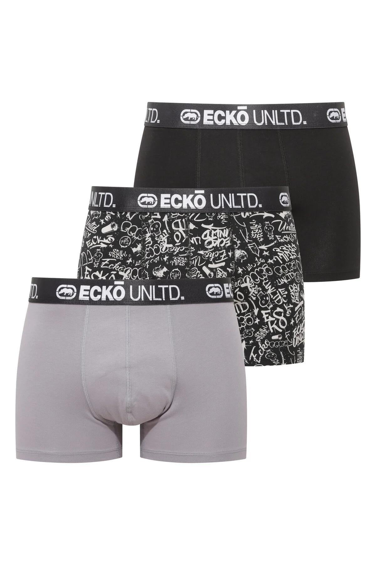 Ecko Unltd. Set trei perechi de boxeri, banda elastica in talie si imprimeu cu logo, din amestec de bumbac