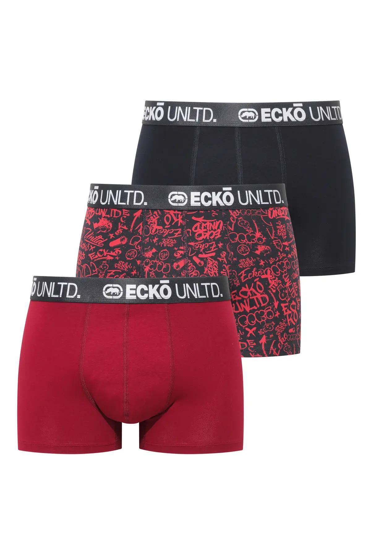 Ecko Unltd. Set trei perechi de boxeri, banda elastica in talie si imprimeu cu logo, din amestec de bumbac
