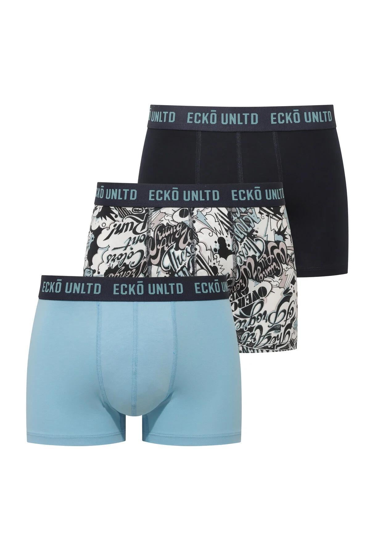 Ecko Unltd. Set trei perechi de boxeri, banda elastica in talie si imprimeu cu logo, din amestec de bumbac