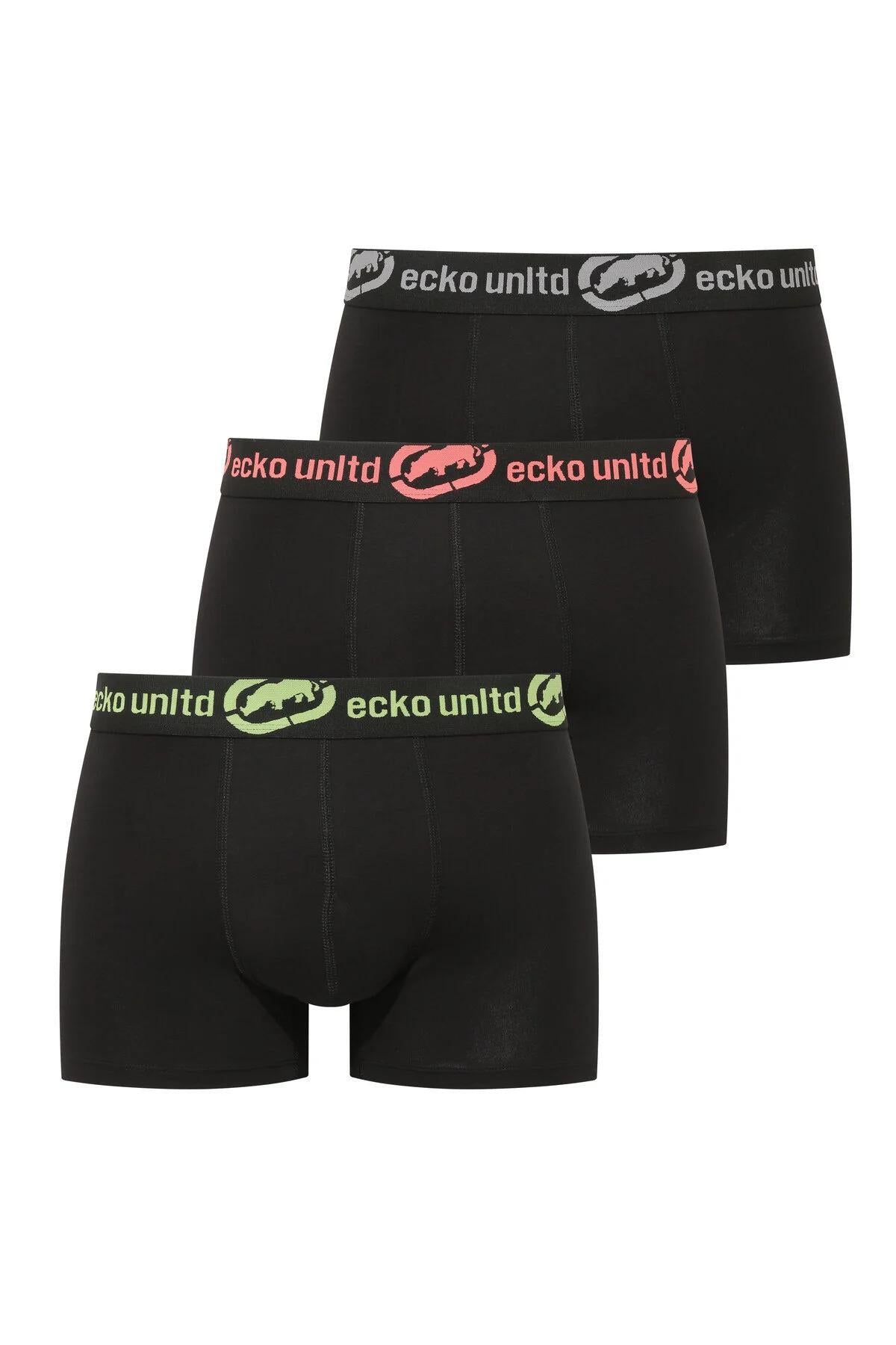 Ecko Unltd. Set trei perechi de boxeri, banda elastica in talie si imprimeu cu logo, din amestec de bumbac