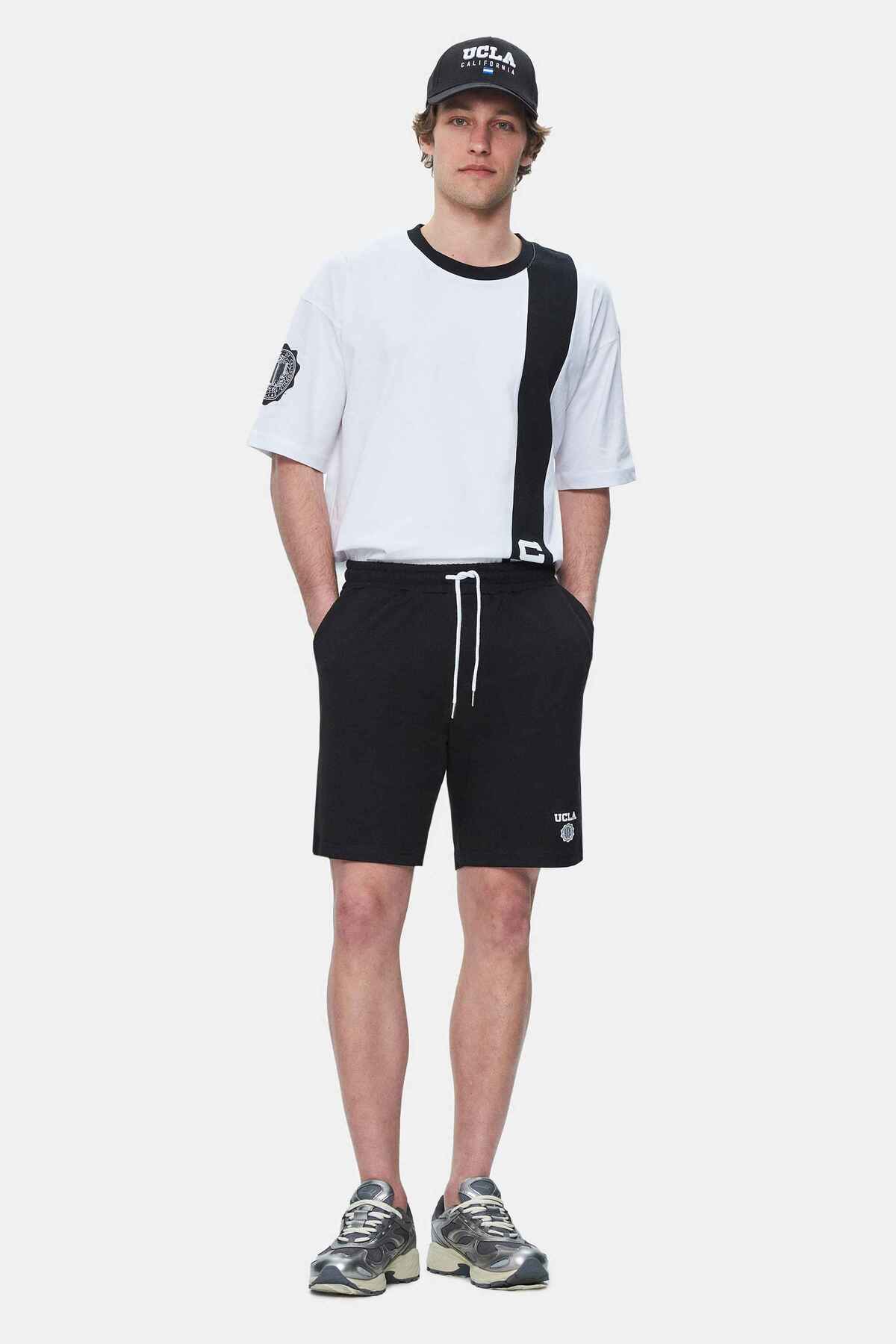 UCLA Pantaloni scurti cu snur si banda elastica in talie, buzunare laterale si imprimeu cu logo discret, Negru, FOWLER