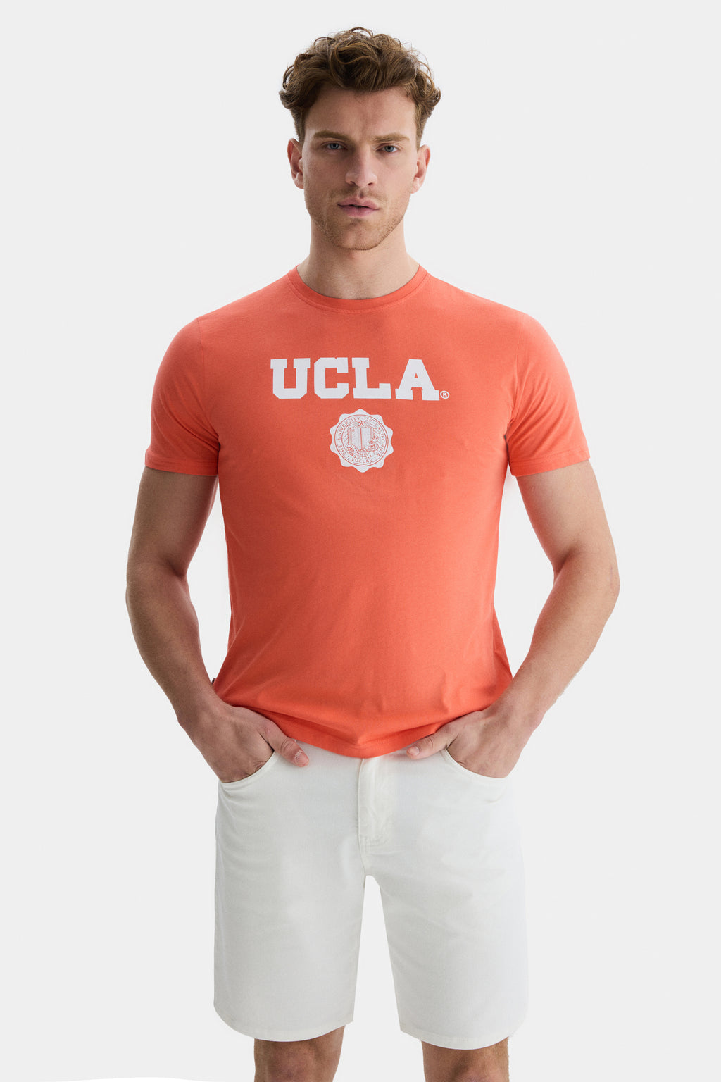 UCLA Tricou cu decolteu la baza gatului, imprimeu cu logo, regular fit, Roz deschis, GAYLEY