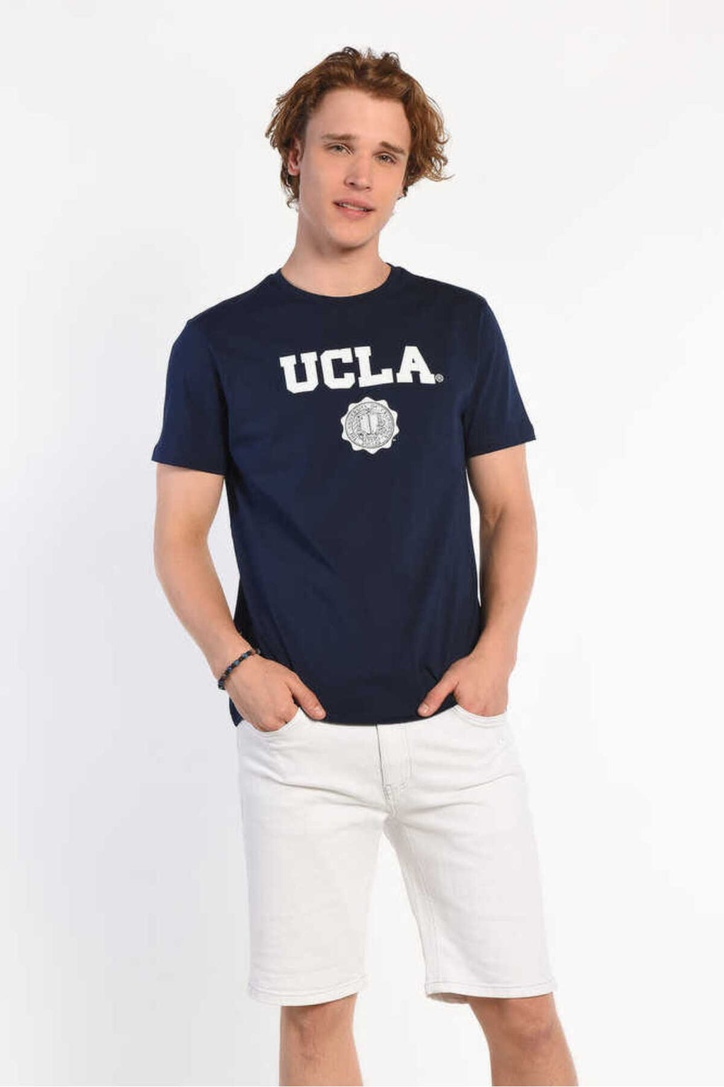 UCLA Tricou cu decolteu la baza gatului, imprimeu cu logo, regular fit, Albastru, GAYLEY