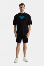 UCLA Tricou cu decolteu la baza gatului, imprimeu cu logo, regular fit, Negru, HUNTER