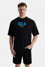 UCLA Tricou cu decolteu la baza gatului, imprimeu cu logo, regular fit, Negru, HUNTER