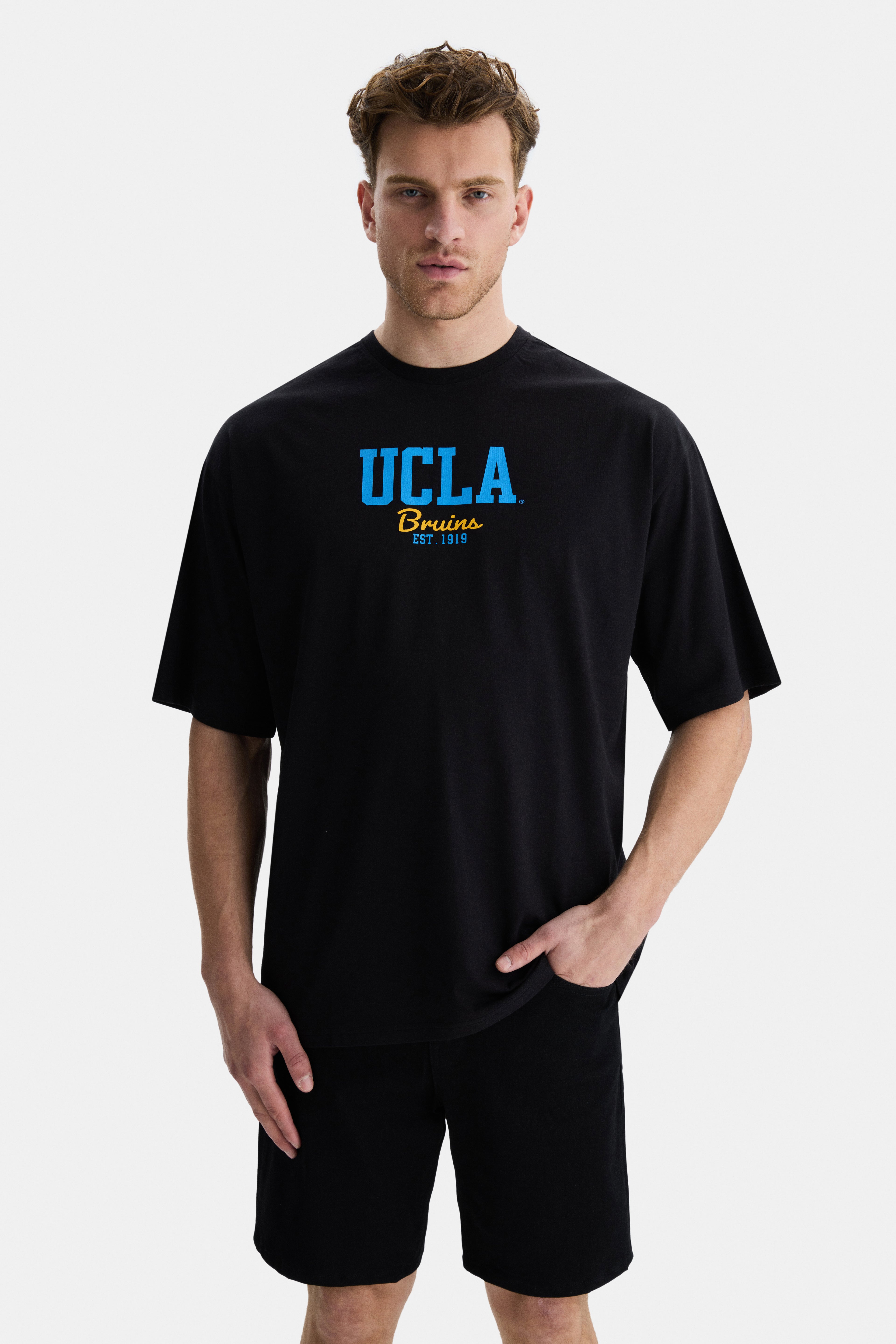 UCLA Tricou cu decolteu la baza gatului, imprimeu cu logo, regular fit, Negru, HUNTER