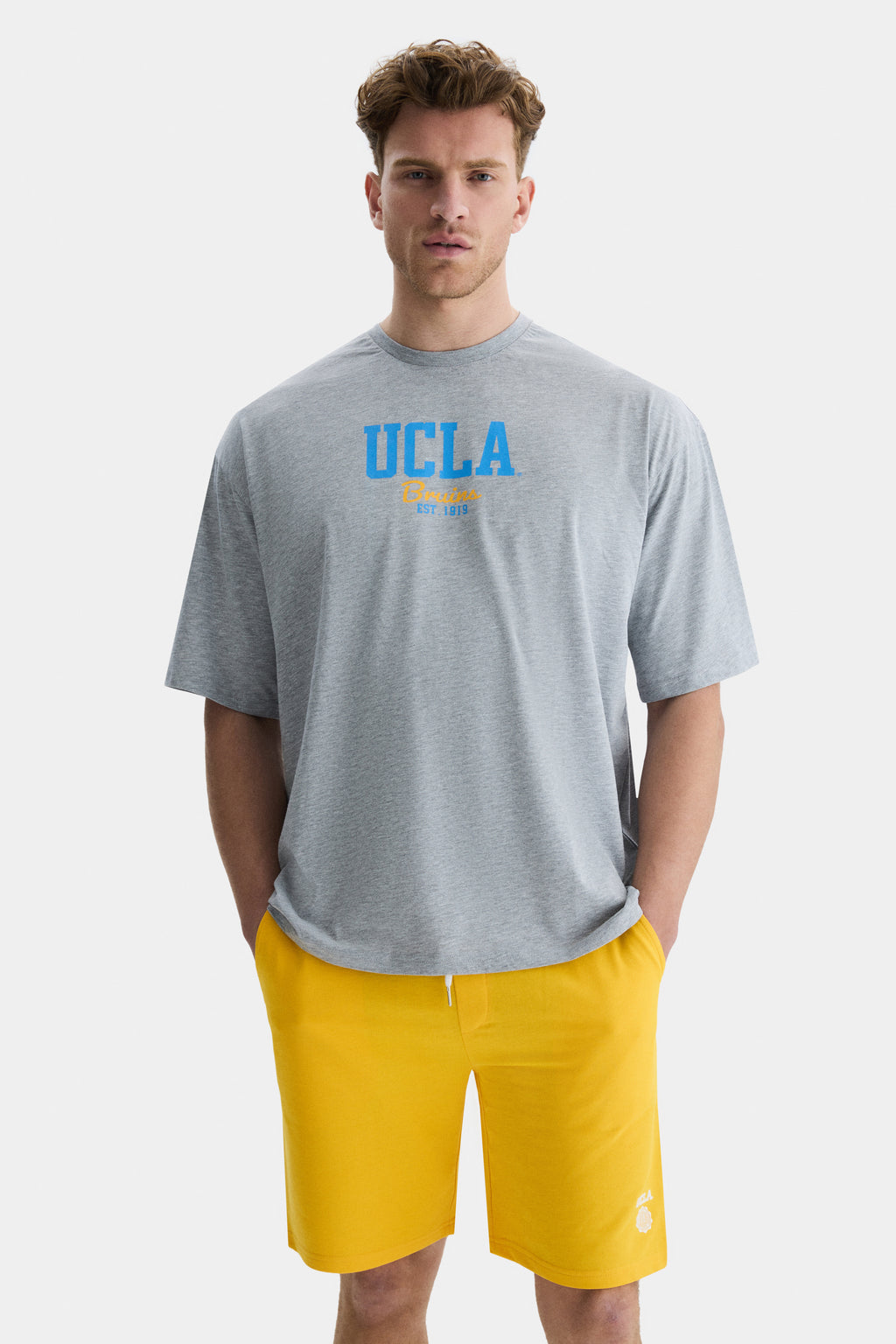 UCLA Tricou cu decolteu la baza gatului, imprimeu cu logo, regular fit, Gri, HUNTER