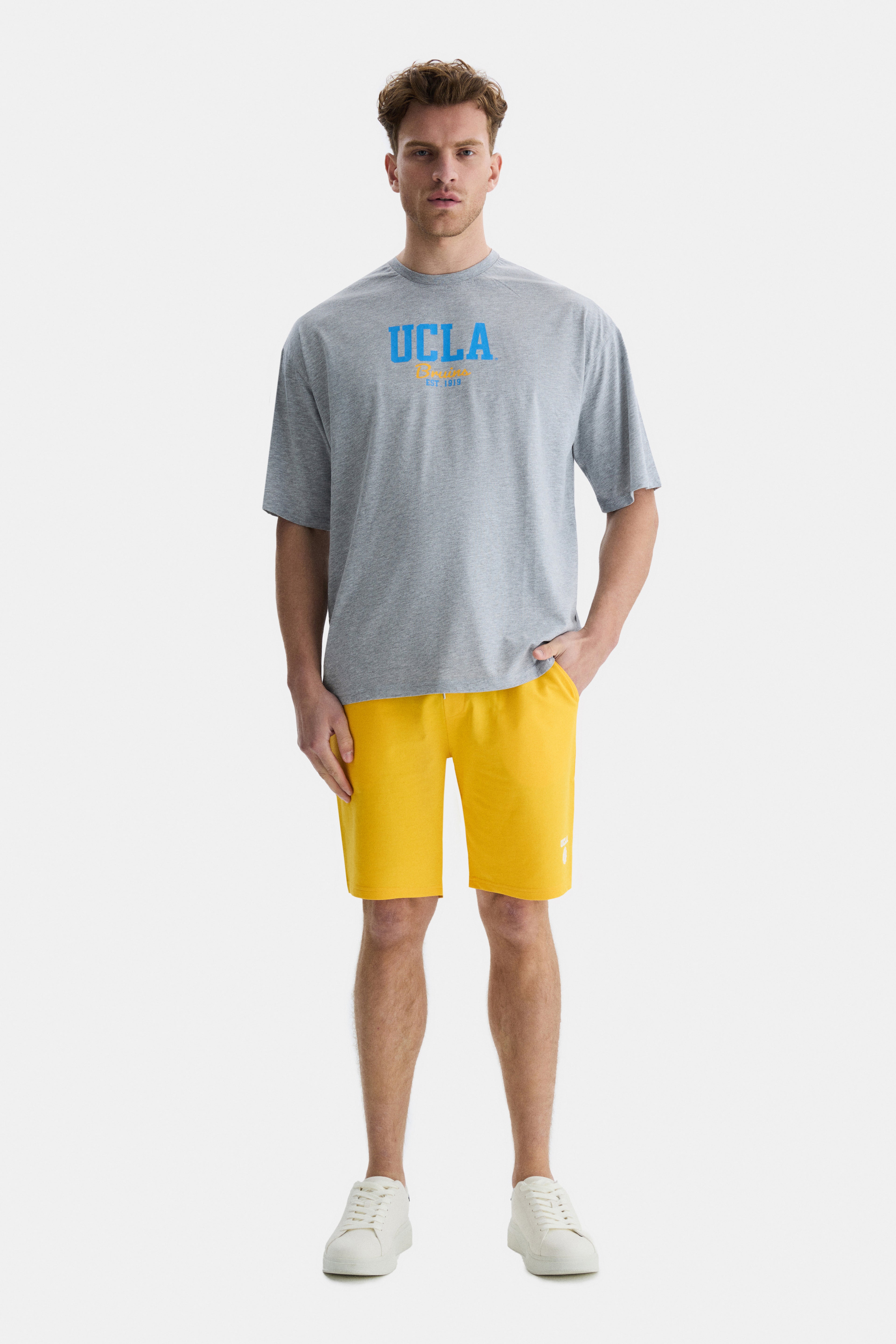 UCLA Tricou cu decolteu la baza gatului, imprimeu cu logo, regular fit, Gri, HUNTER