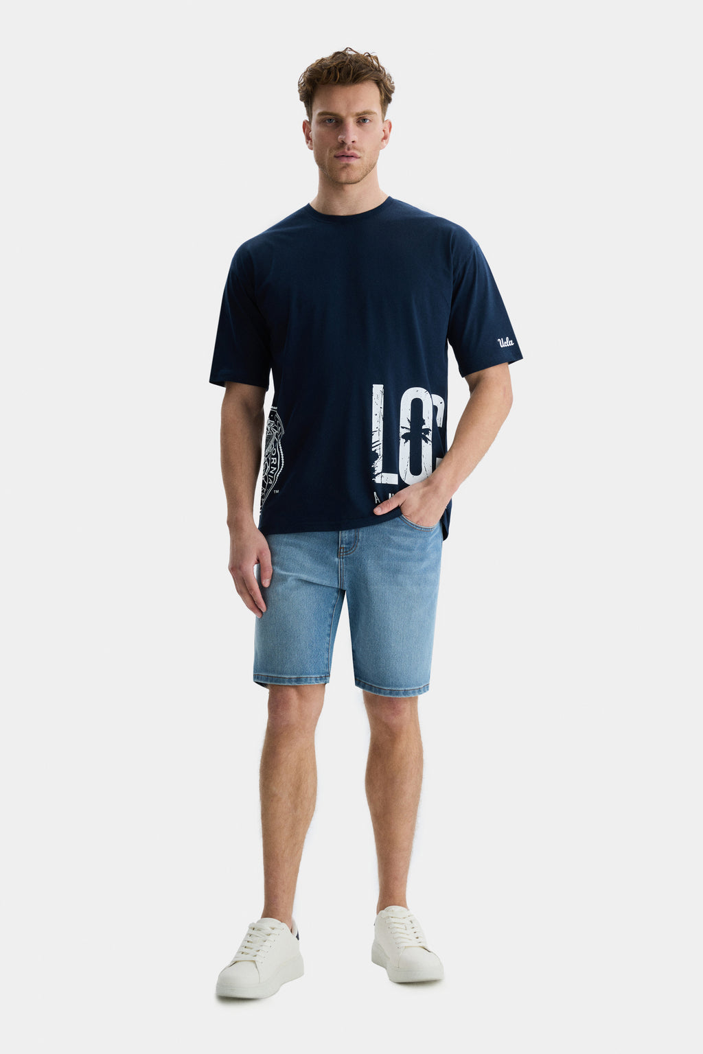 UCLA Tricou cu decolteu la baza gatului, imprimeu cu logo, regular fit, Bleumarin, IGNISO
