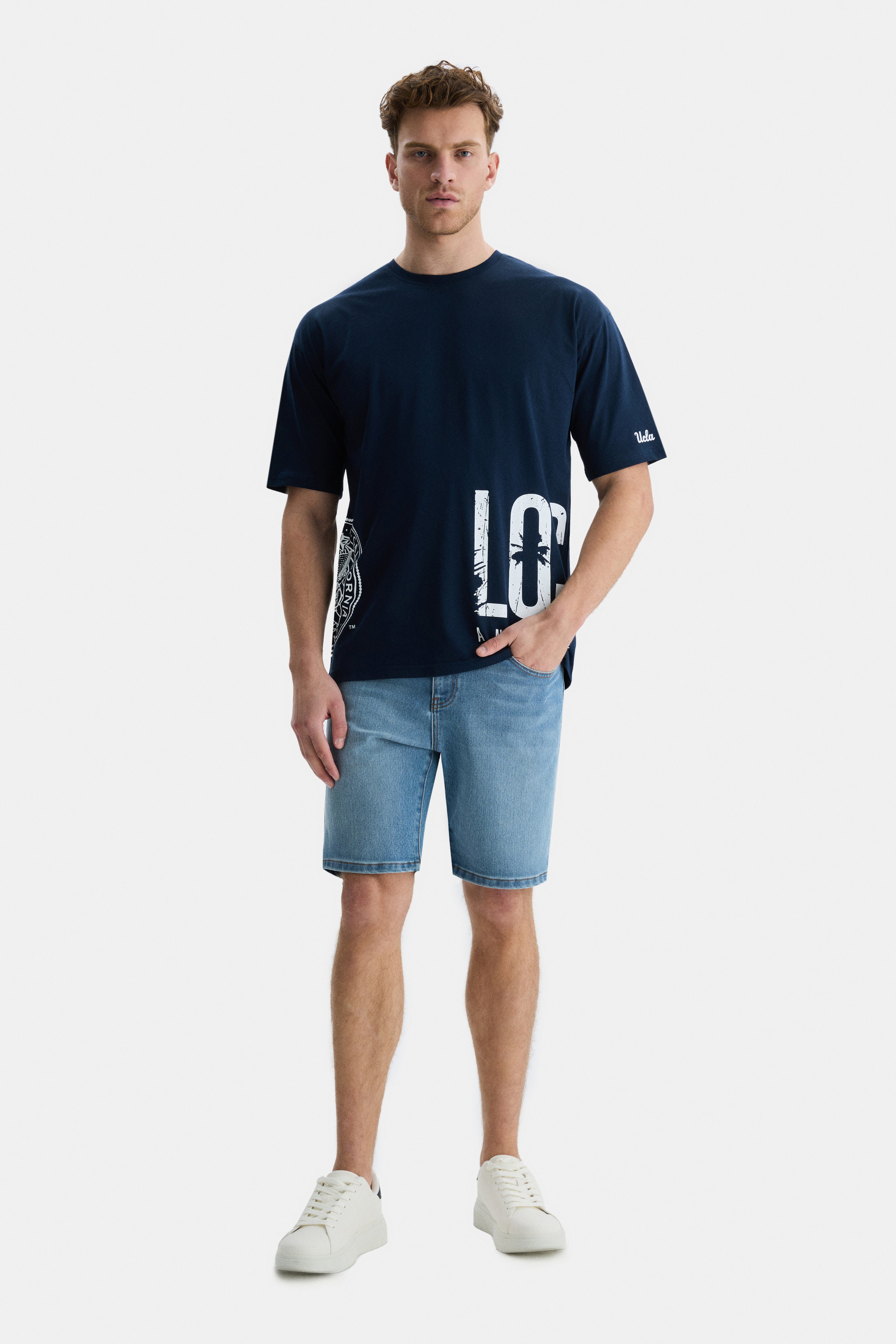 UCLA Tricou cu decolteu la baza gatului, imprimeu cu logo, regular fit, Bleumarin, IGNISO