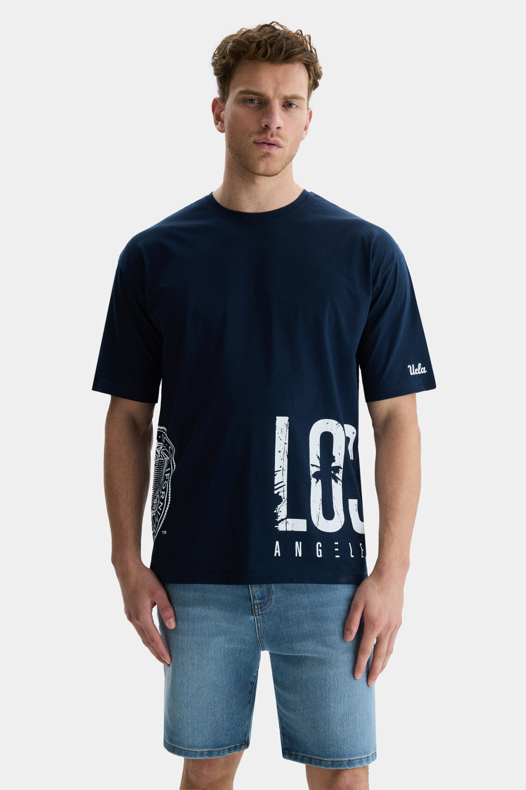 UCLA Tricou cu decolteu la baza gatului, imprimeu cu logo, regular fit, Bleumarin, IGNISO