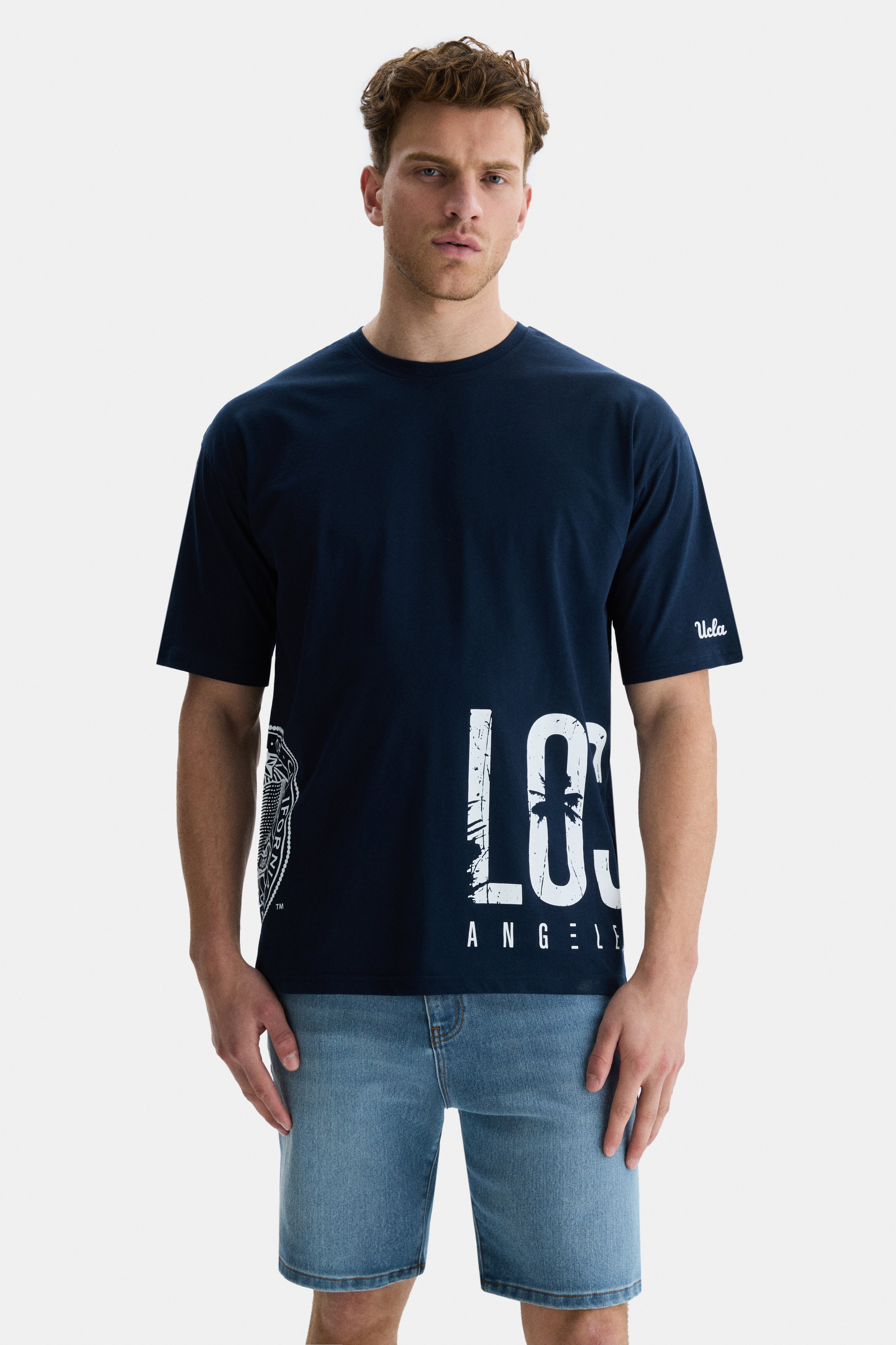 UCLA Tricou cu decolteu la baza gatului, imprimeu cu logo, regular fit, Bleumarin, IGNISO