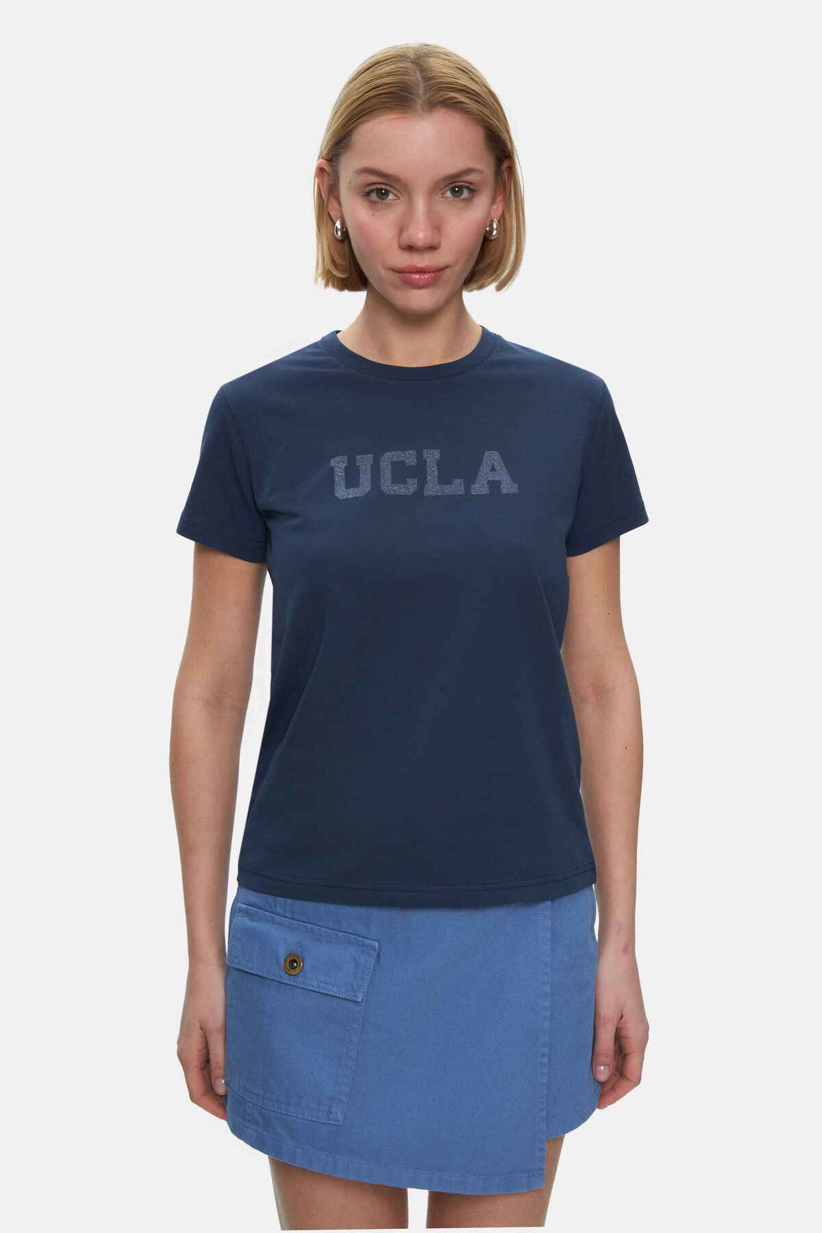UCLA Tricou cu decolteu la baza gatului, imprimeu cu logo, regular fit, Bleumarin, ISOLDE