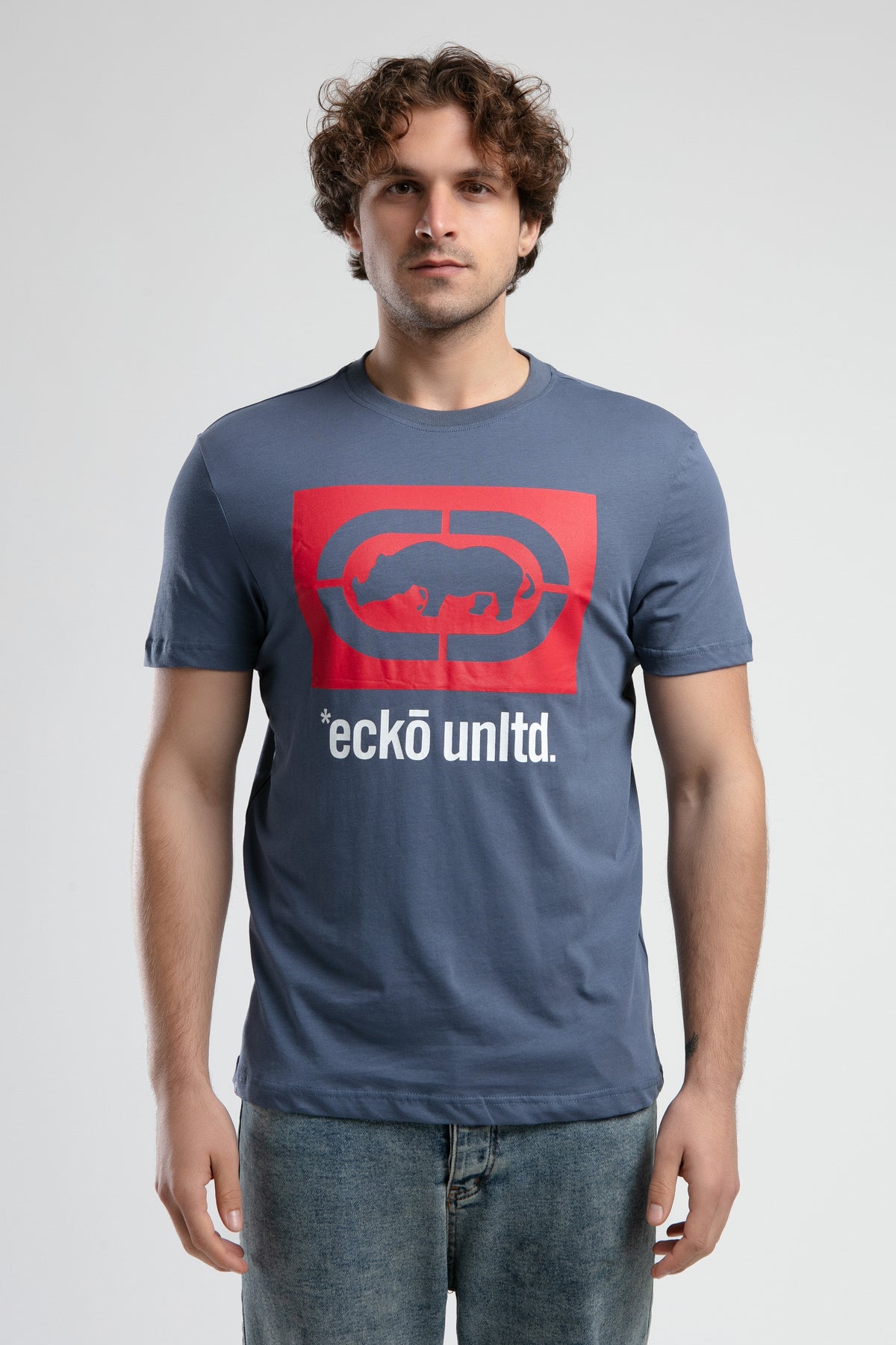 Ecko Unltd. Tricou cu decolteu la baza gatului, imprimeu cu logo, Bleumarin, ITHACA