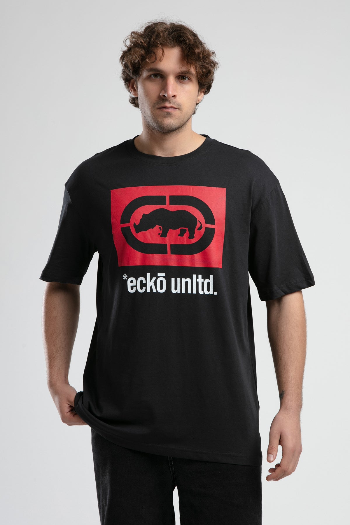 Ecko Unltd. Tricou cu decolteu la baza gatului, imprimeu cu logo, Negru-Alb, ITHACA