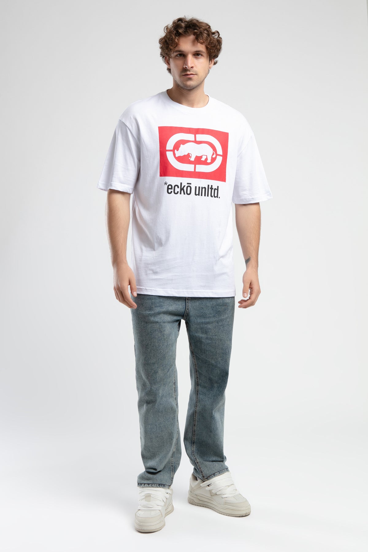 Ecko Unltd. Tricou cu decolteu la baza gatului, imprimeu cu logo, Alb, ITHACA