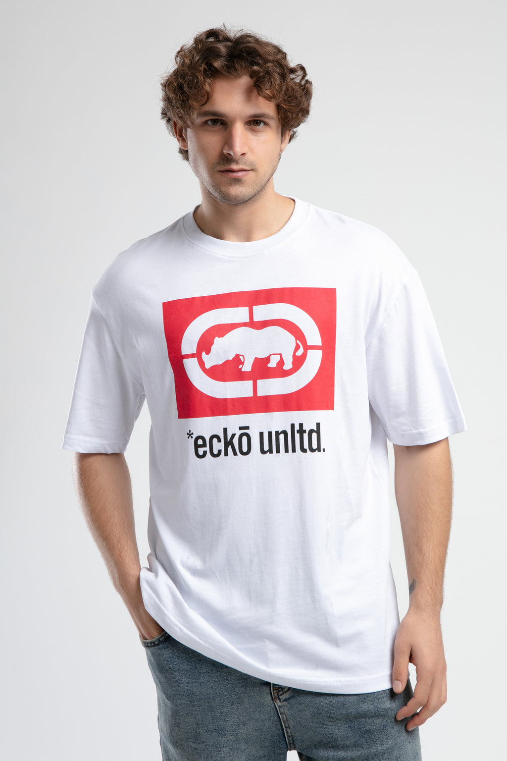 Ecko Unltd. Tricou cu decolteu la baza gatului, imprimeu cu logo, Alb, ITHACA