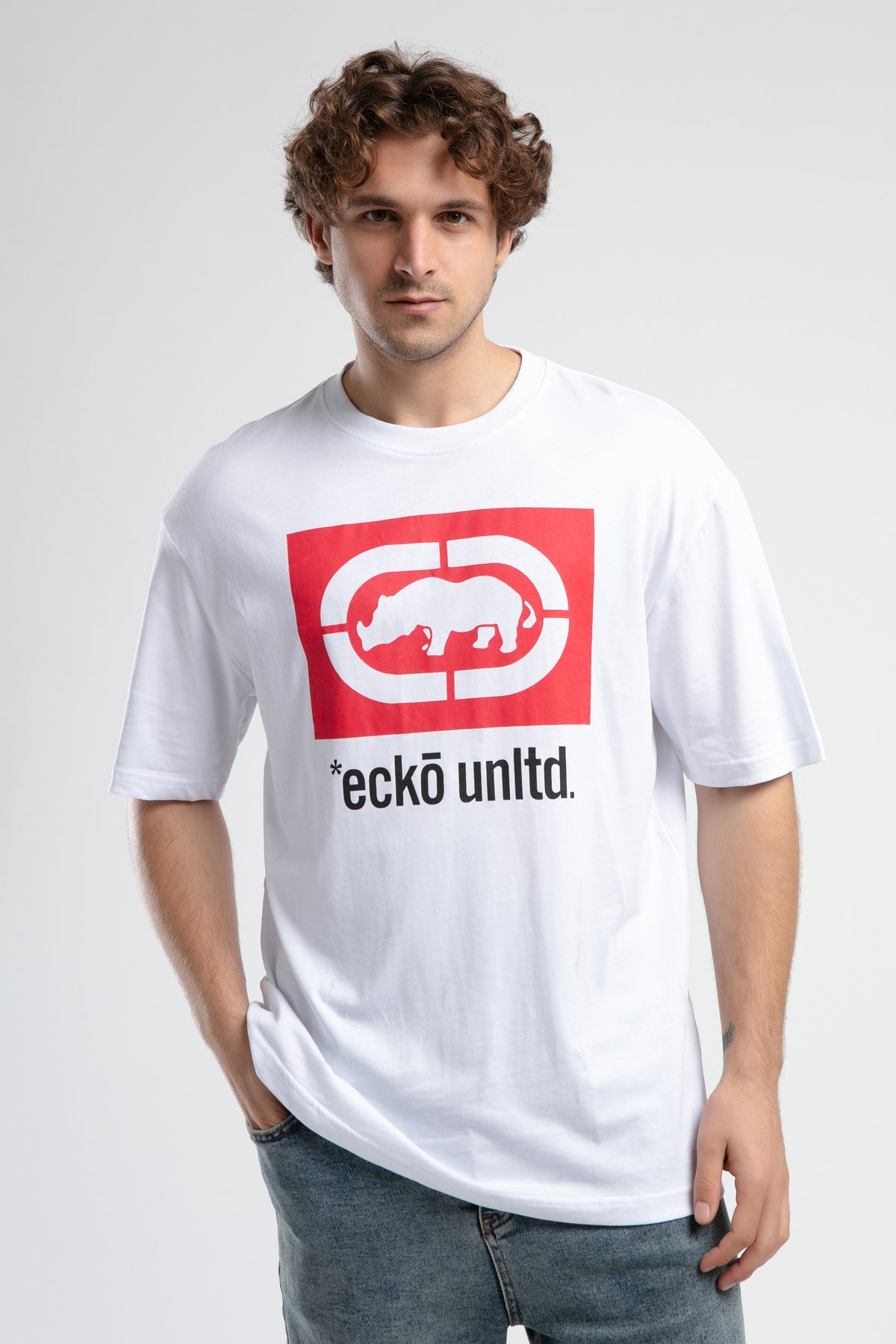 Ecko Unltd. Tricou cu decolteu la baza gatului, imprimeu cu logo, Alb, ITHACA