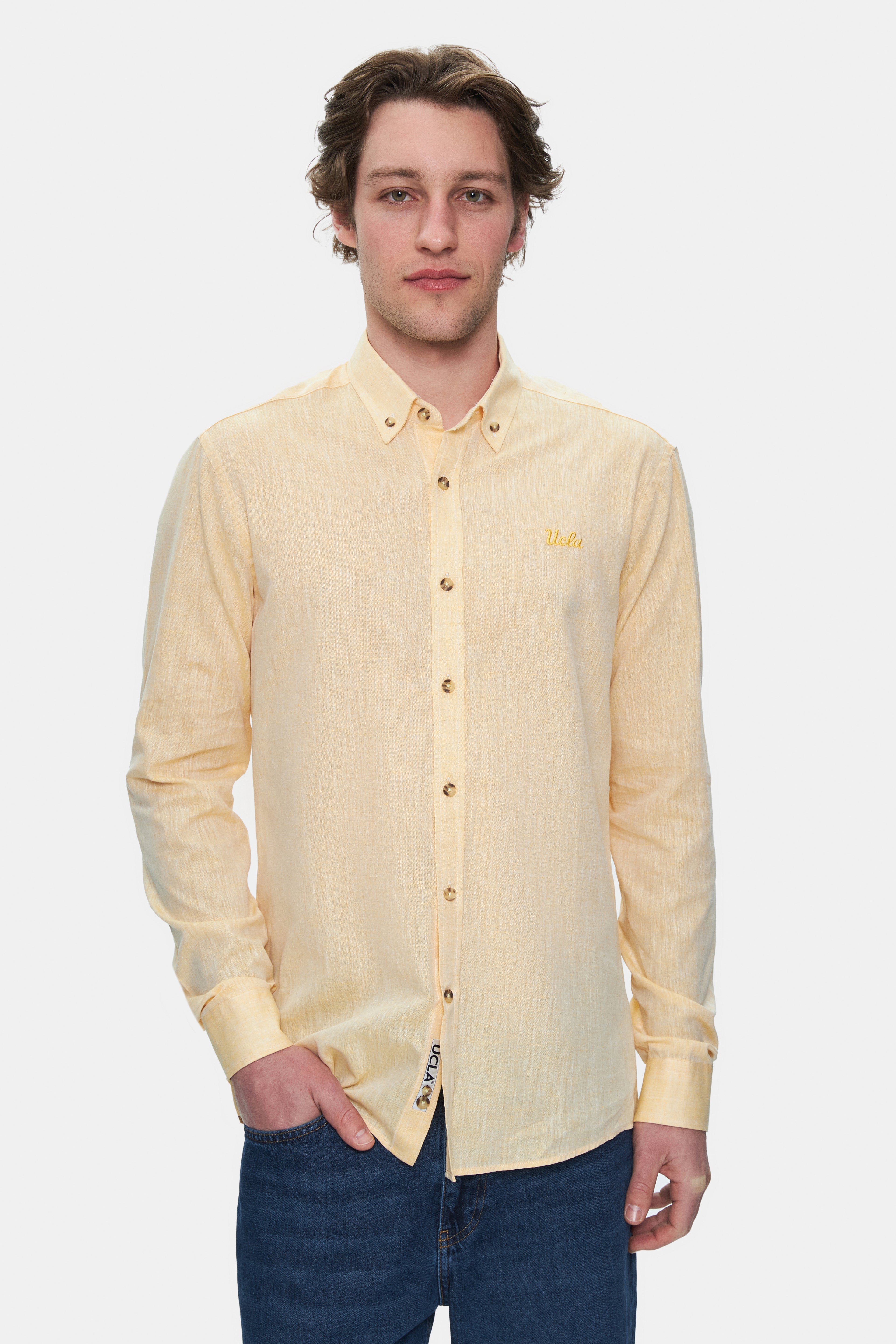 UCLA Camsa cu nasturi si guler, material lejer, regular fit Galben, JACQUEZ