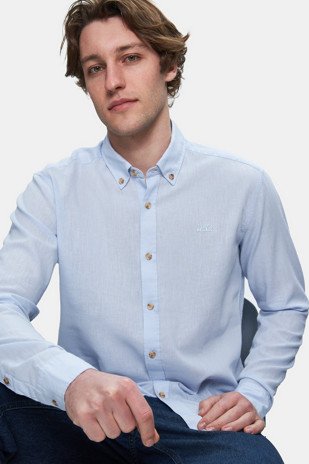 UCLA Camsa cu nasturi si guler, material lejer, regular fit Albastru deschis, JACQUEZ