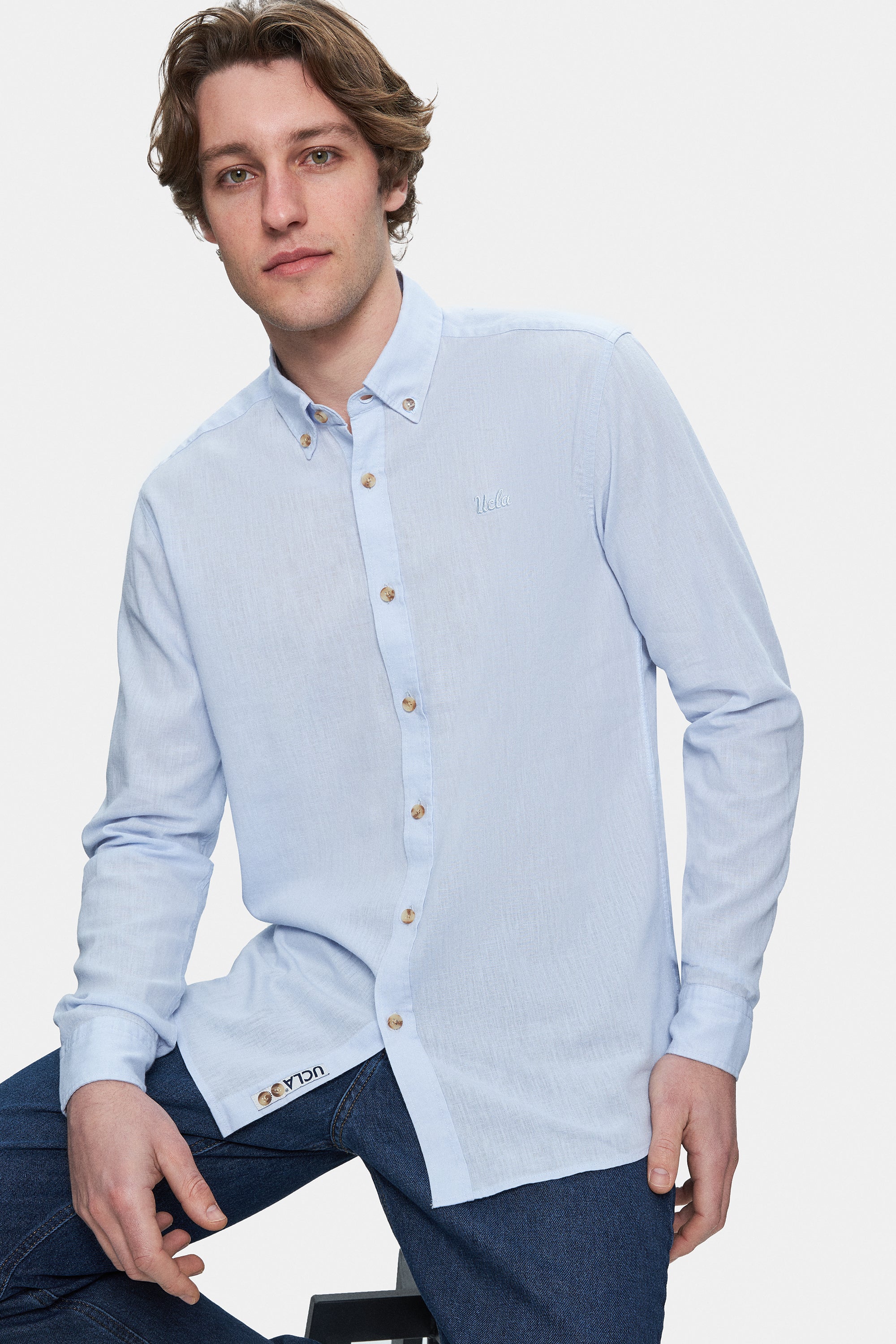 UCLA Camsa cu nasturi si guler, material lejer, regular fit Albastru deschis, JACQUEZ
