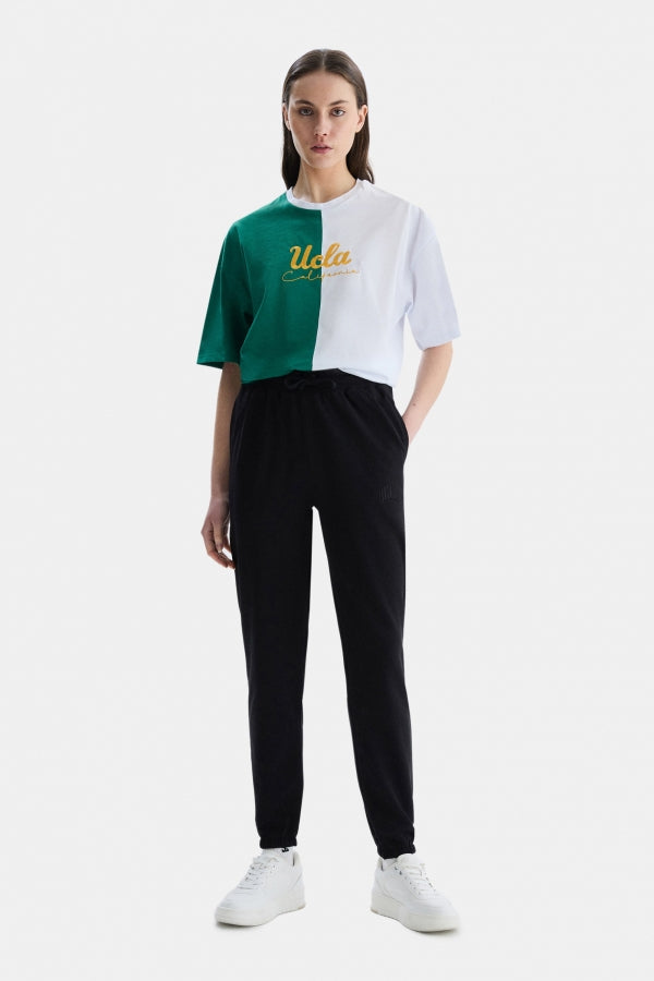 UCLA Pantaloni de trening cu elastic si snur in talie, manseta elastica si logo discret, Negru, JEZEBEL