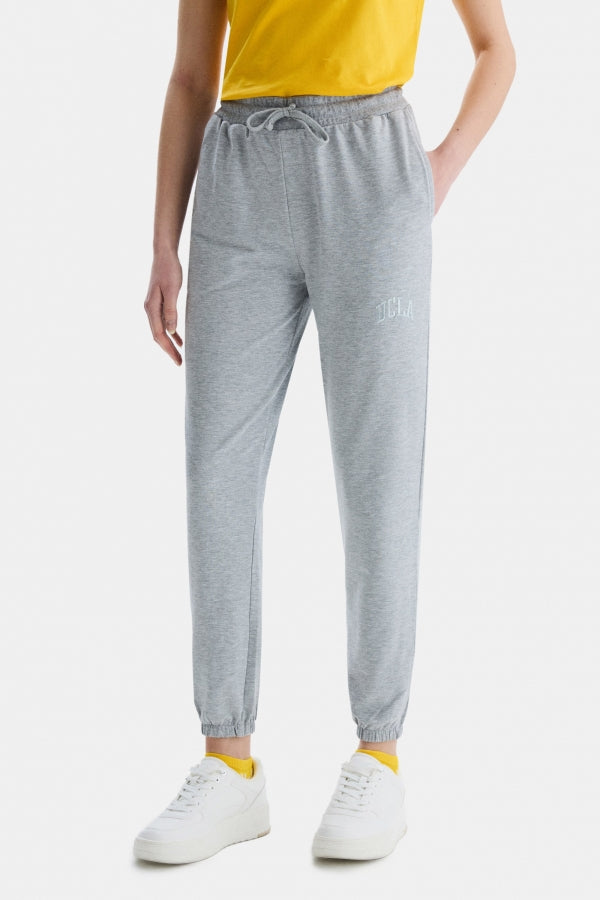 UCLA Pantaloni de trening cu elastic si snur in talie, manseta elastica si logo discret, Gri, JEZEBEL