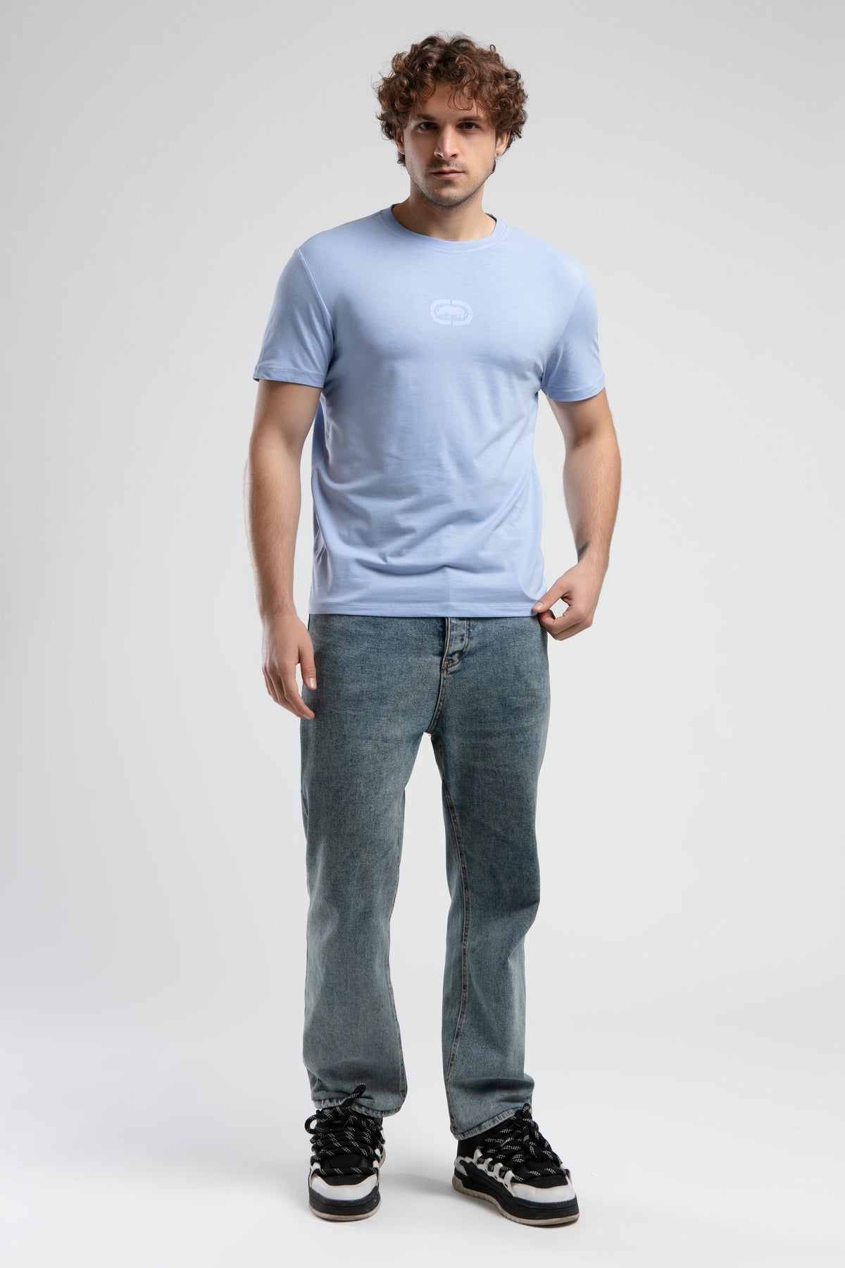 Ecko Unltd. Tricou cu decolteu la baza gatului, imprimeu cu logo, Albastru deschis, JOHNSON