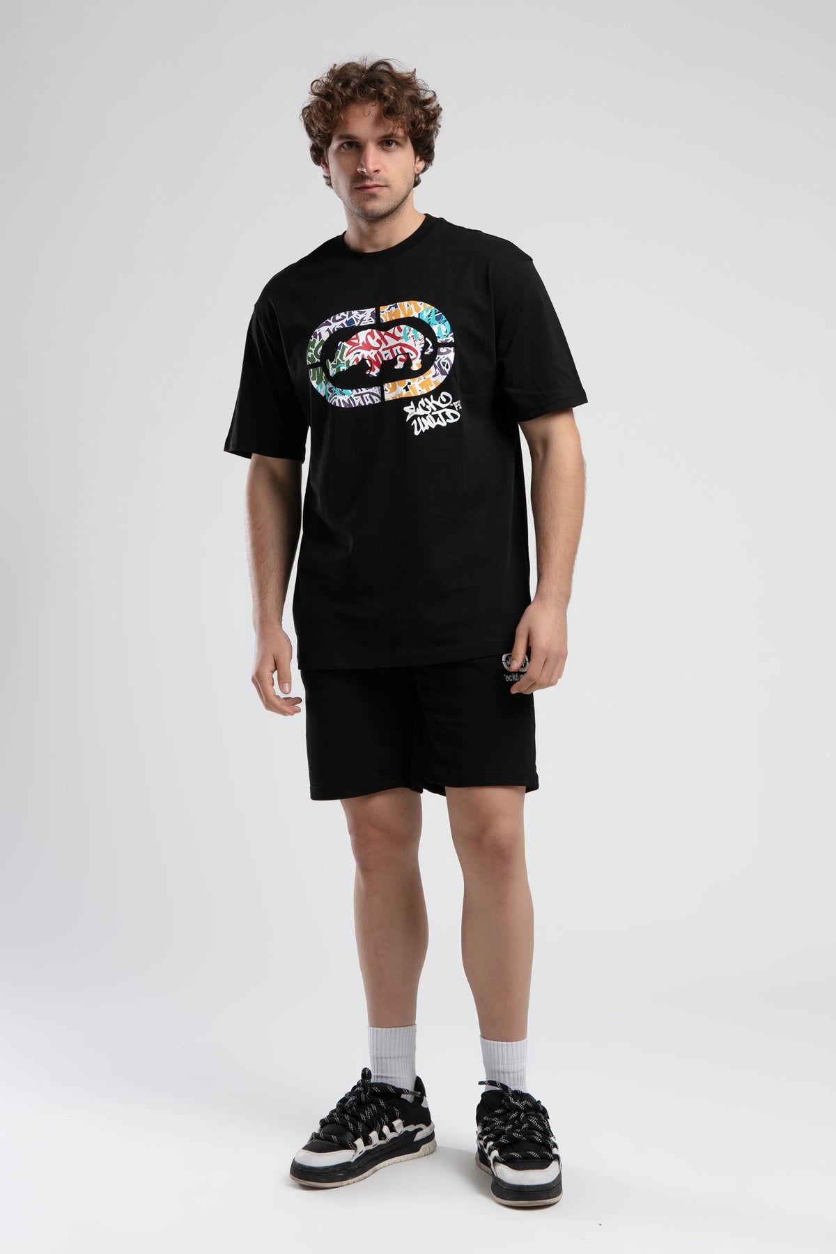 Ecko Unltd. Tricou cu decolteu la baza gatului, imprimeu cu logo, Negru, KINGSTON
