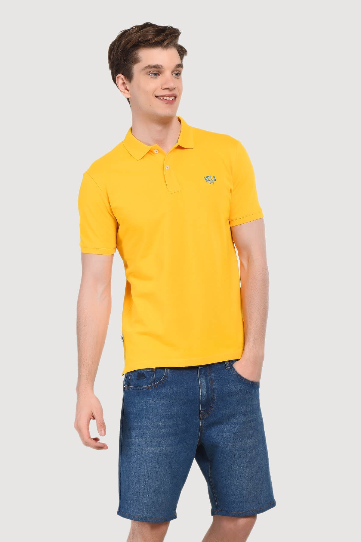 UCLA Tricou cu guler si nasturi, regular fit, logo brodat discret, Galben, LAKES