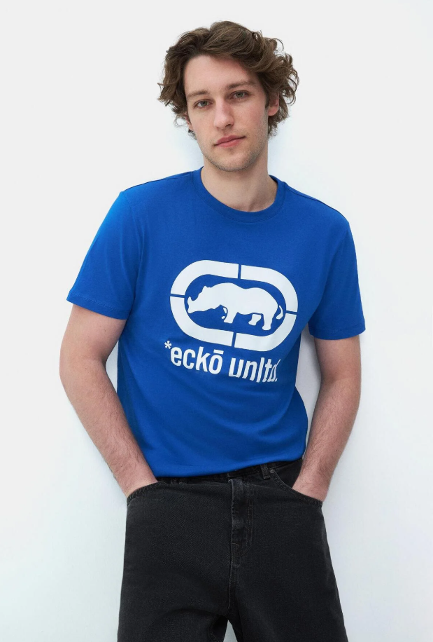 Ecko Unltd. Tricou cu decolteu la baza gatului, imprimeu cu logo, Albastru, MARC