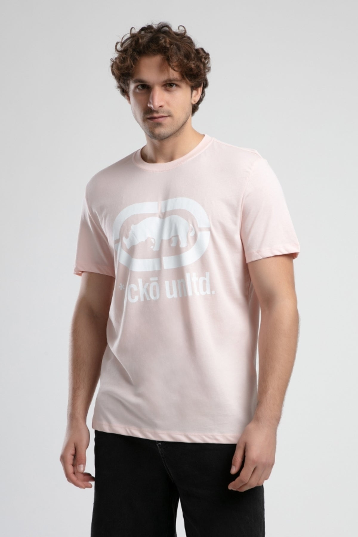 Ecko Unltd. Tricou cu decolteu la baza gatului, imprimeu cu logo, Roz deschis, MARC