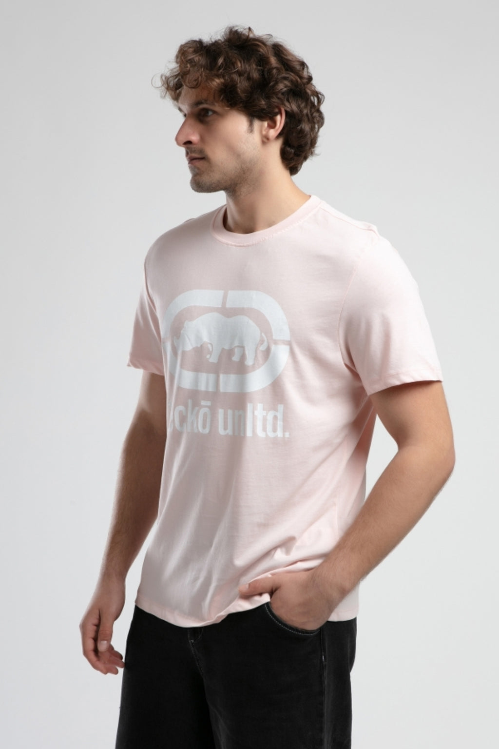 Ecko Unltd. Tricou cu decolteu la baza gatului, imprimeu cu logo, Roz deschis, MARC