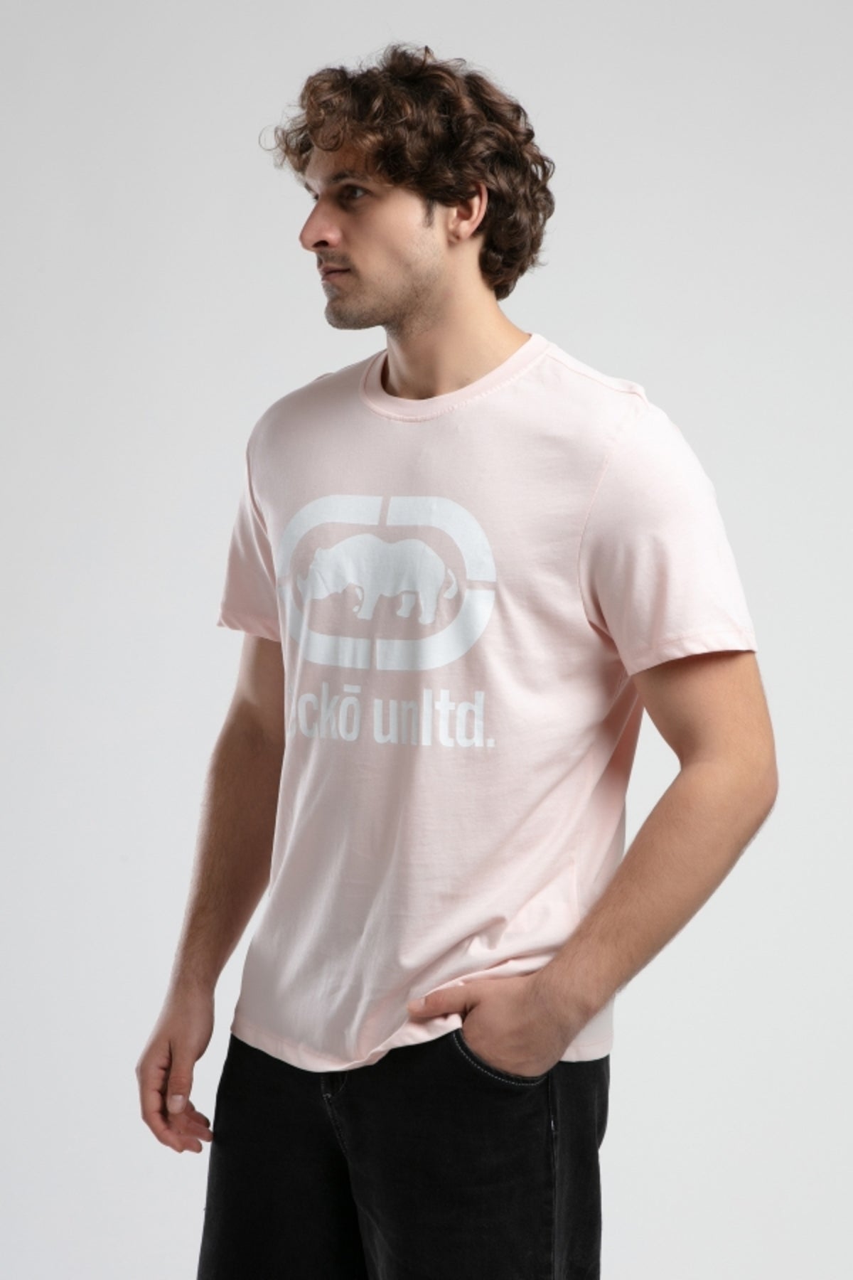Ecko Unltd. Tricou cu decolteu la baza gatului, imprimeu cu logo, Roz deschis, MARC