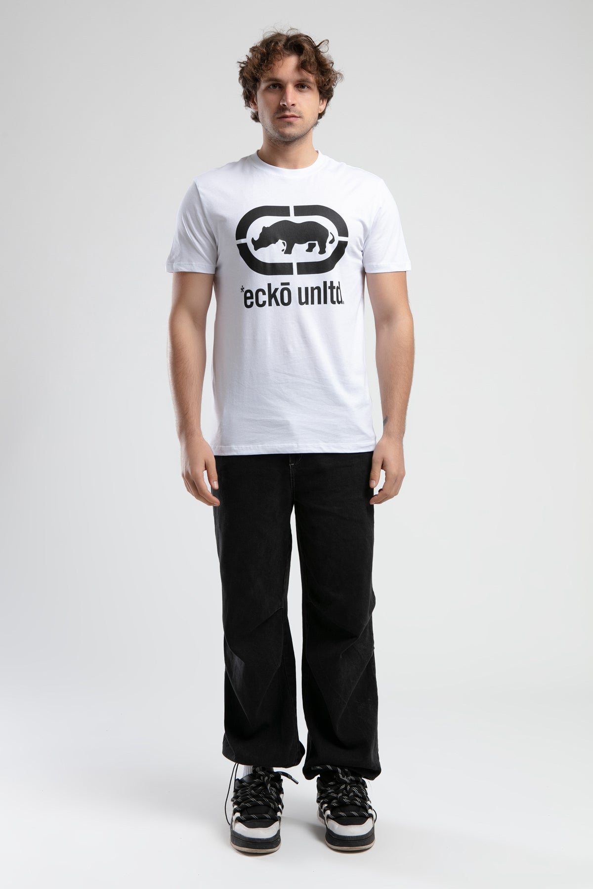 Ecko Unltd. Tricou cu decolteu la baza gatului, imprimeu cu logo, Alb-Negru, MARC