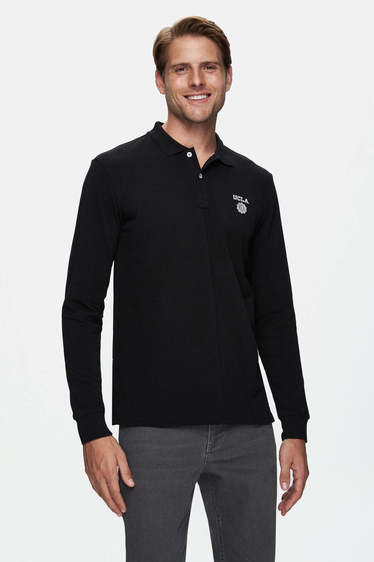 UCLA Bluza cu decolteu la baza gatului, regular fit, imprimeu cu logo, Negru, MAXWELL